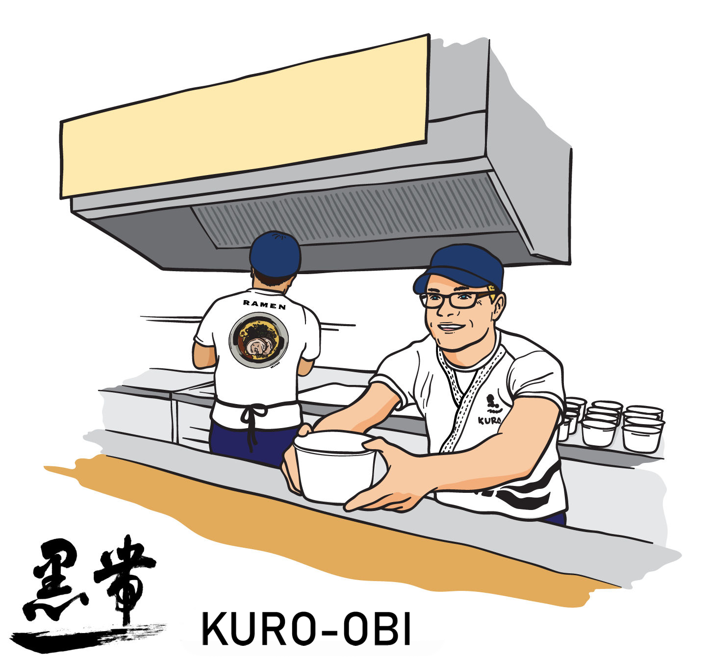 Graphic of Kuro-Obi staff serving Ramen